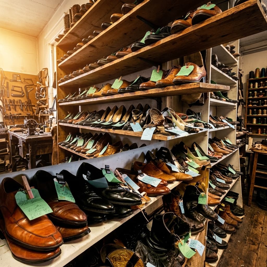 Rows of leather shoes and boots with green repair tags on shelves inside Midvalley Shoe Repair workshop